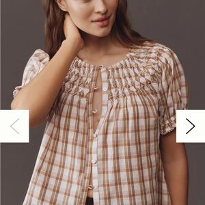 Anthropologie Tan and White Checkered Blouse